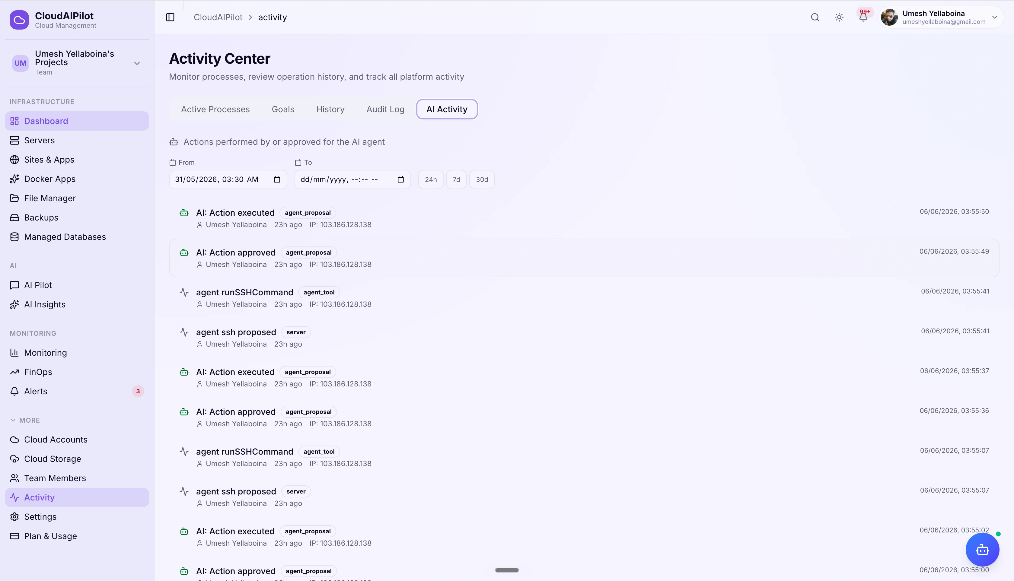 CloudAIPilot AI agent trail showing approved and denied proposals with tool names, decisions, and timestamps