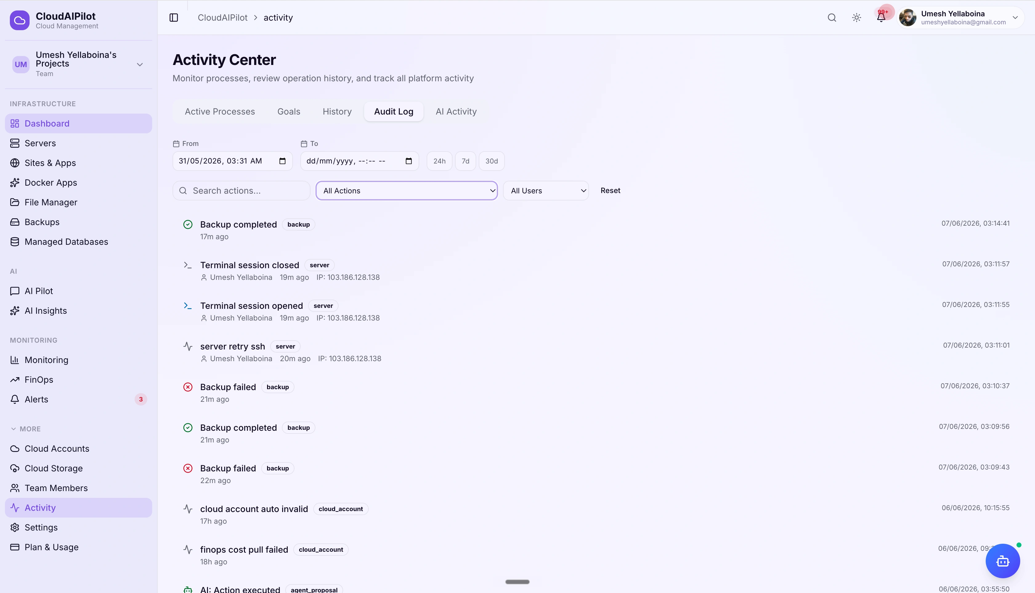 CloudAIPilot audit log with searchable action history, IP addresses, user details, and expandable metadata