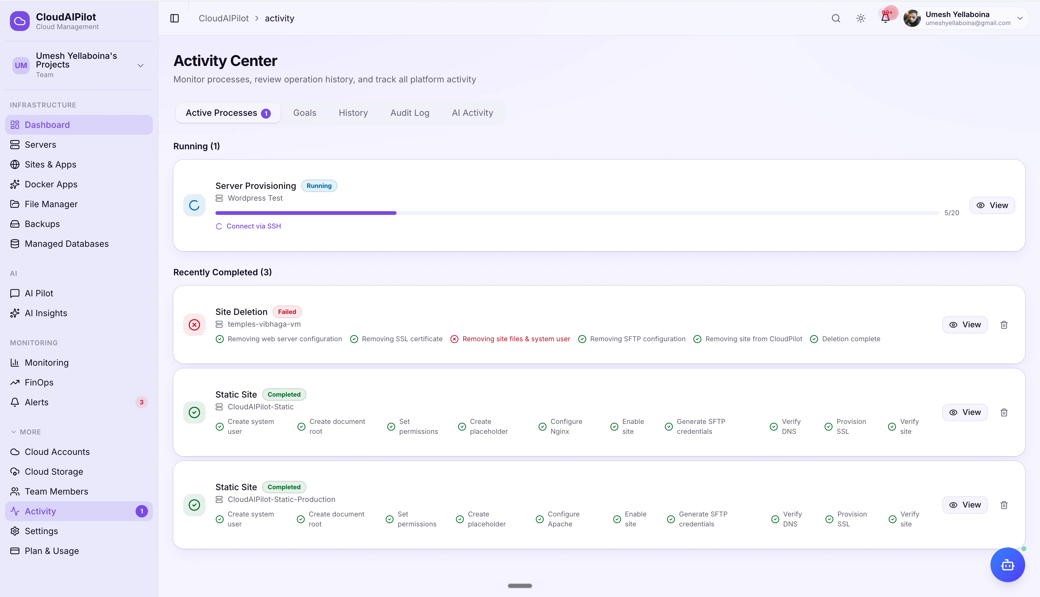 CloudAIPilot Activity Center — live process list with step progress, AI agent trail, and full audit log