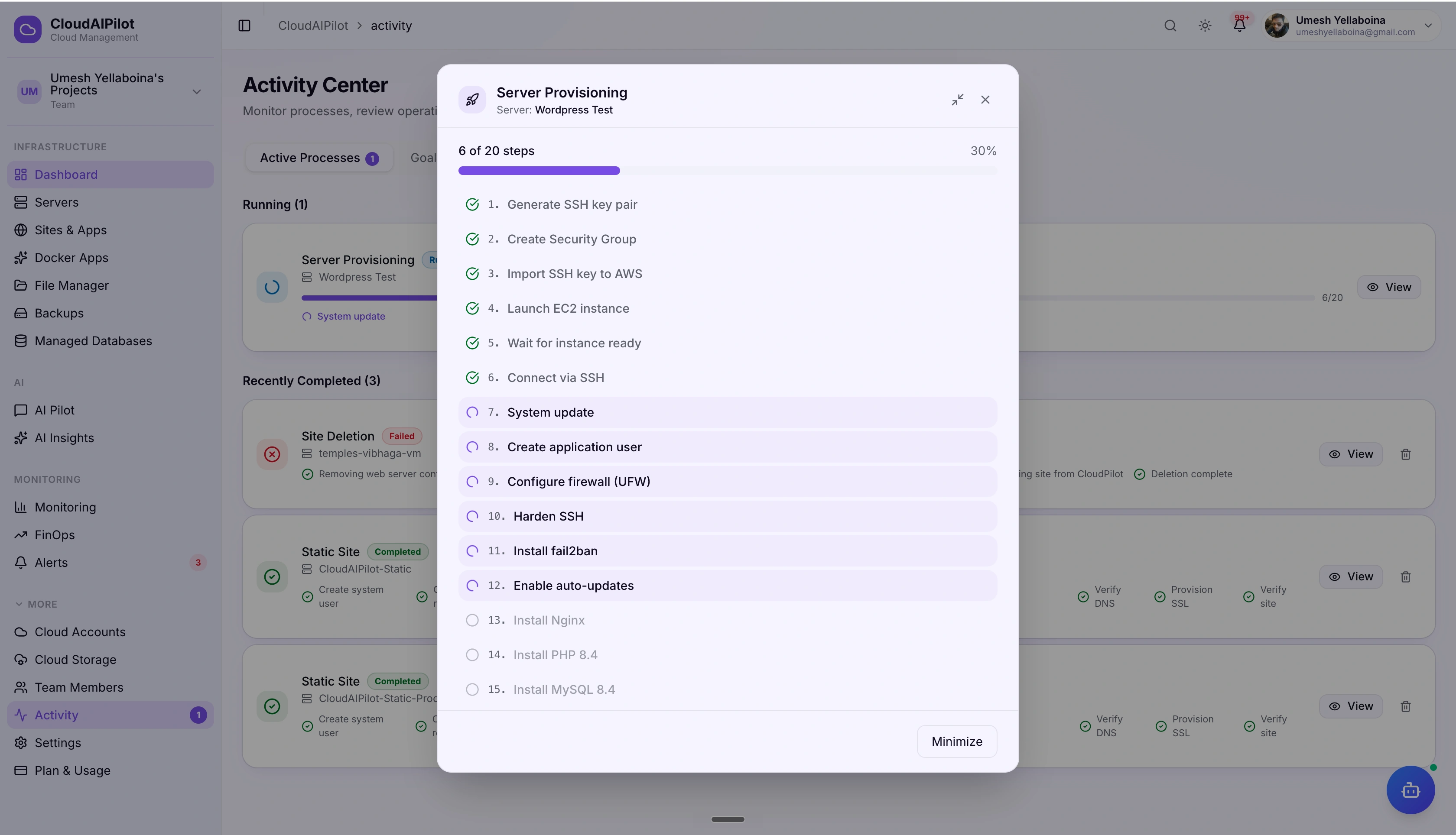 CloudAIPilot active processes panel showing multiple long-running operations with step progress tracking, status indicators, and expandable error details