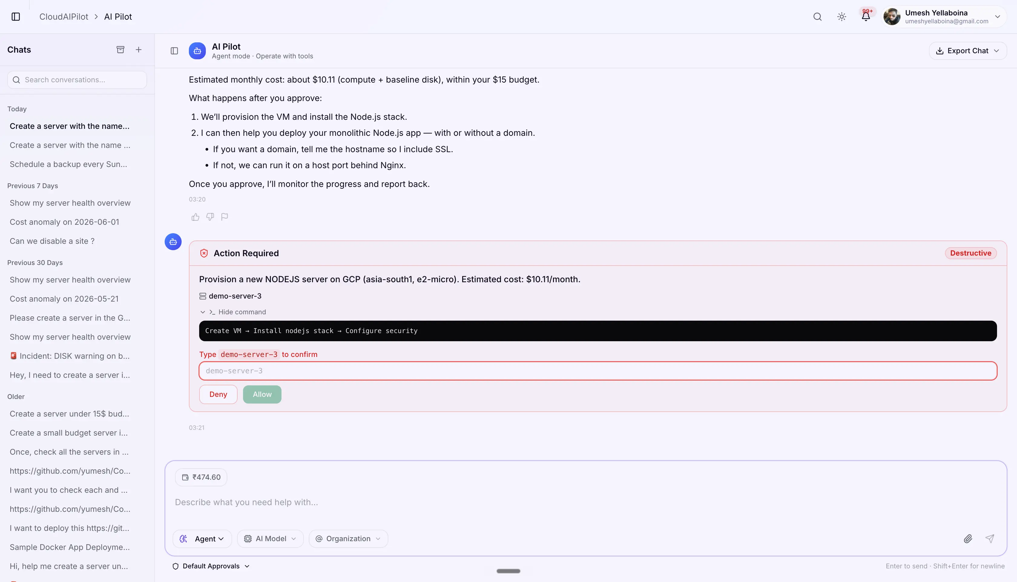 AI Pilot confirmation gate for destructive action