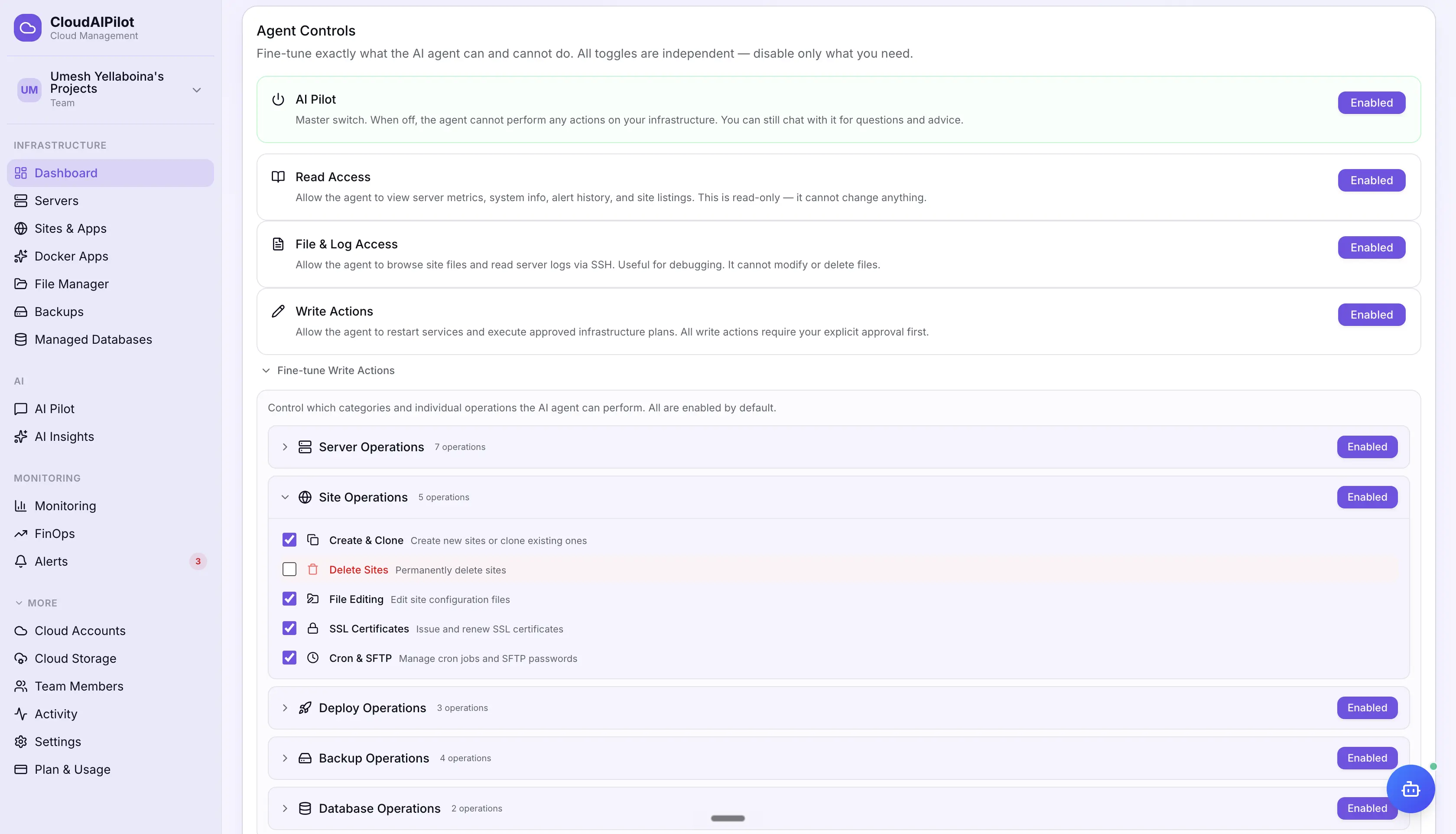 AI governance settings panel showing kill switch and domain toggles