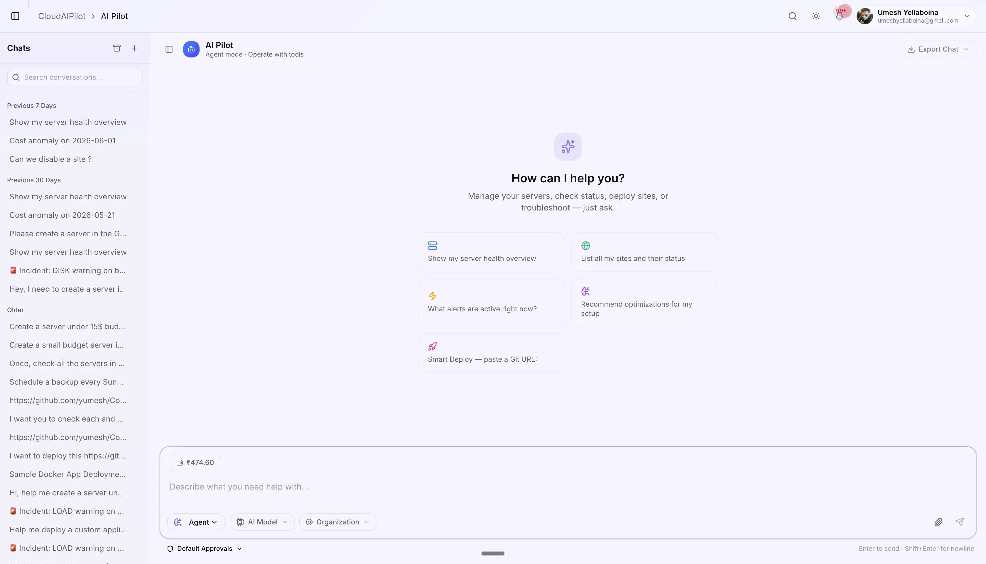 AI Pilot workspace interface showing chat, sidebar and infrastructure context