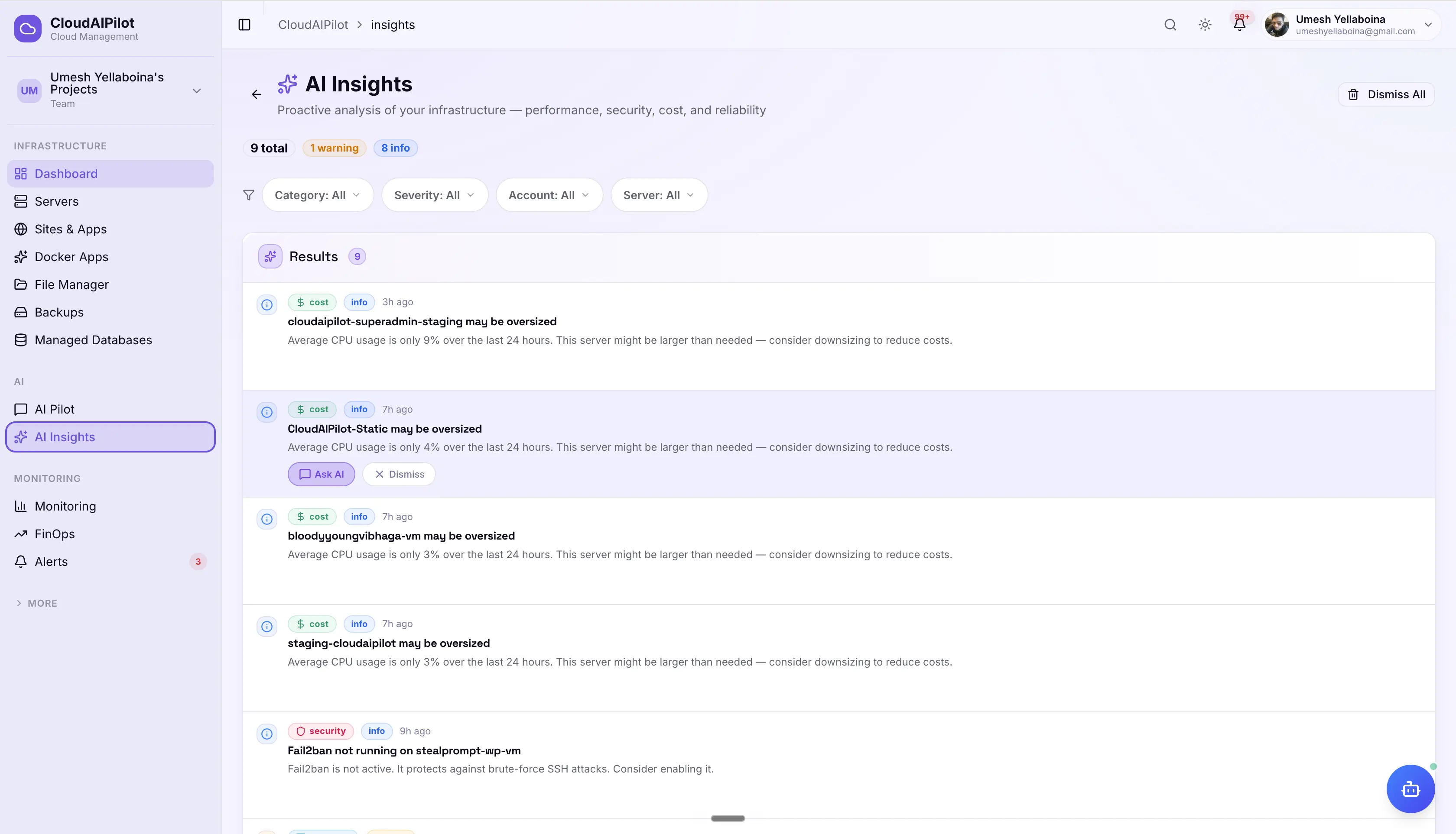 CloudAIPilot AI Insights — insight cards with severity and category badges, root cause description and Ask AI to fix button