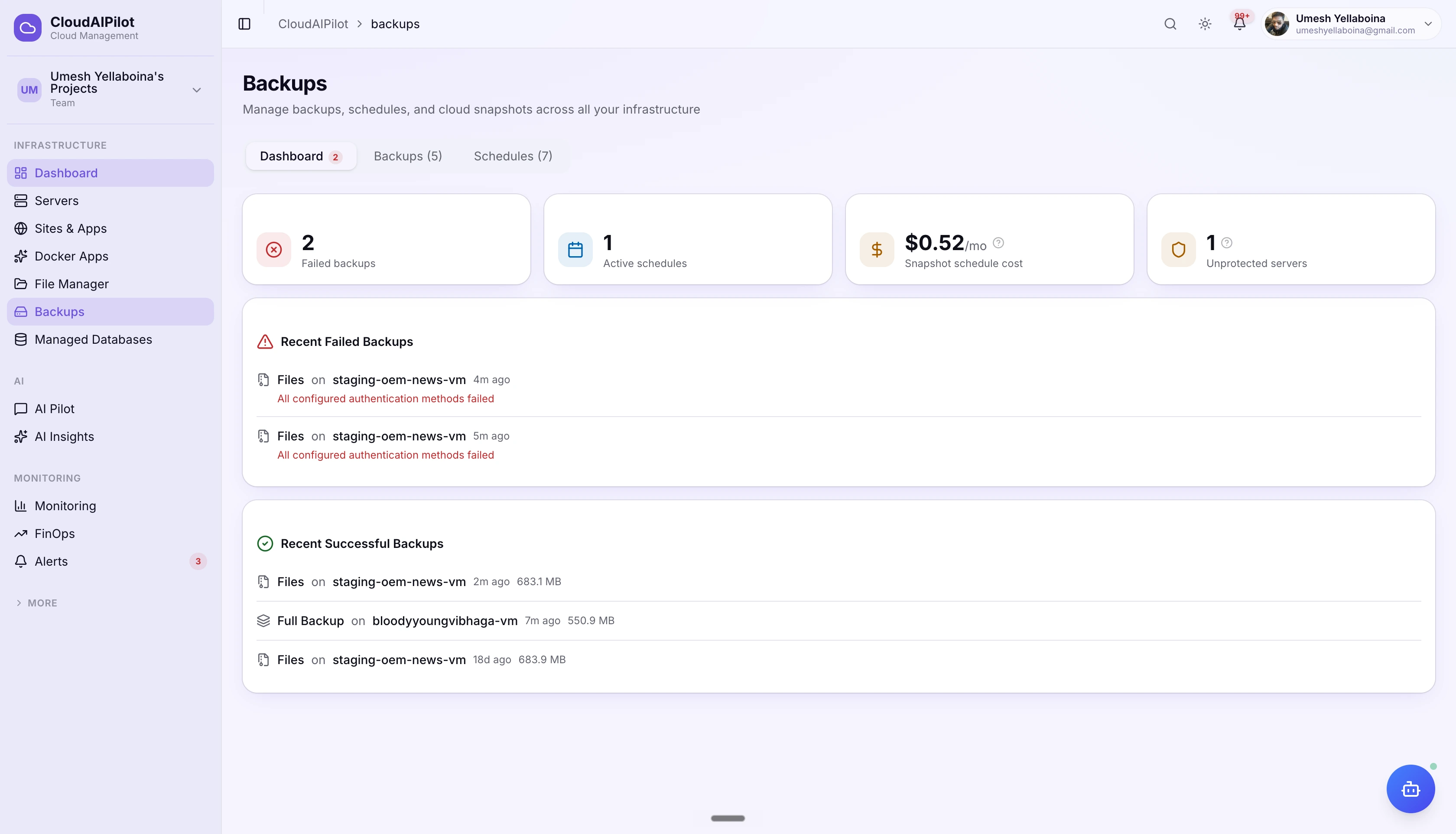 CloudAIPilot backups dashboard — summary cards showing schedules, protection status and recent activity