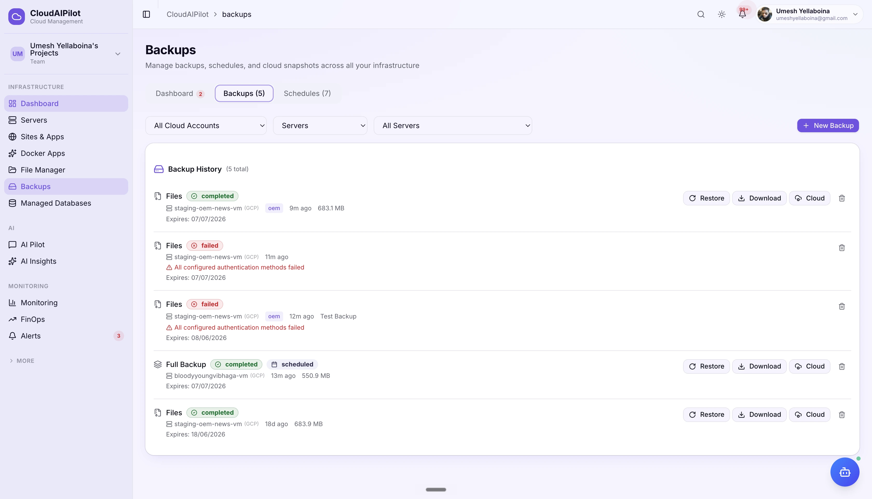 CloudAIPilot backup list — completed backups with type badges, encryption status and offsite indicators