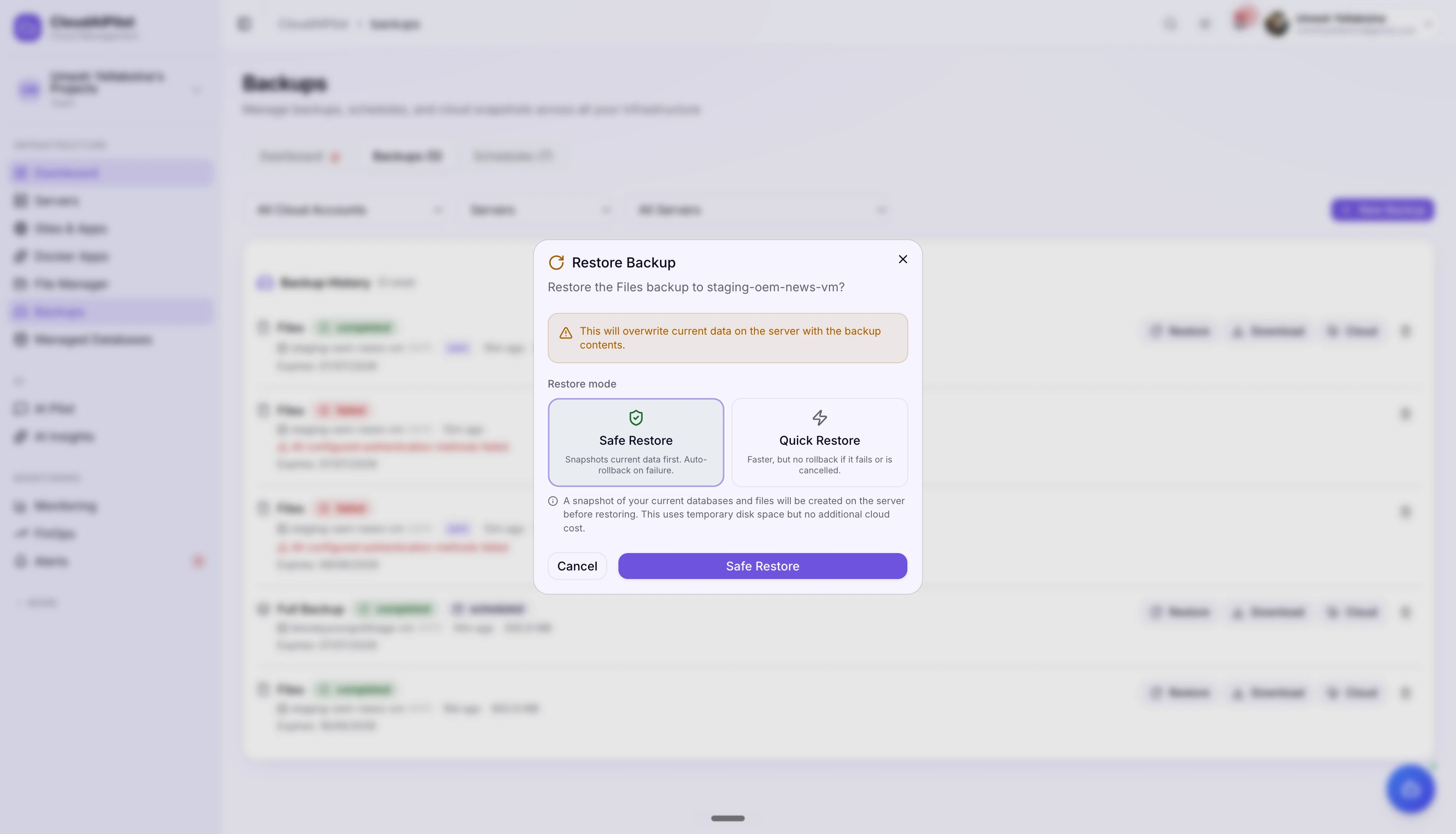 CloudAIPilot backup restore — restore workflow with file selection and target server options