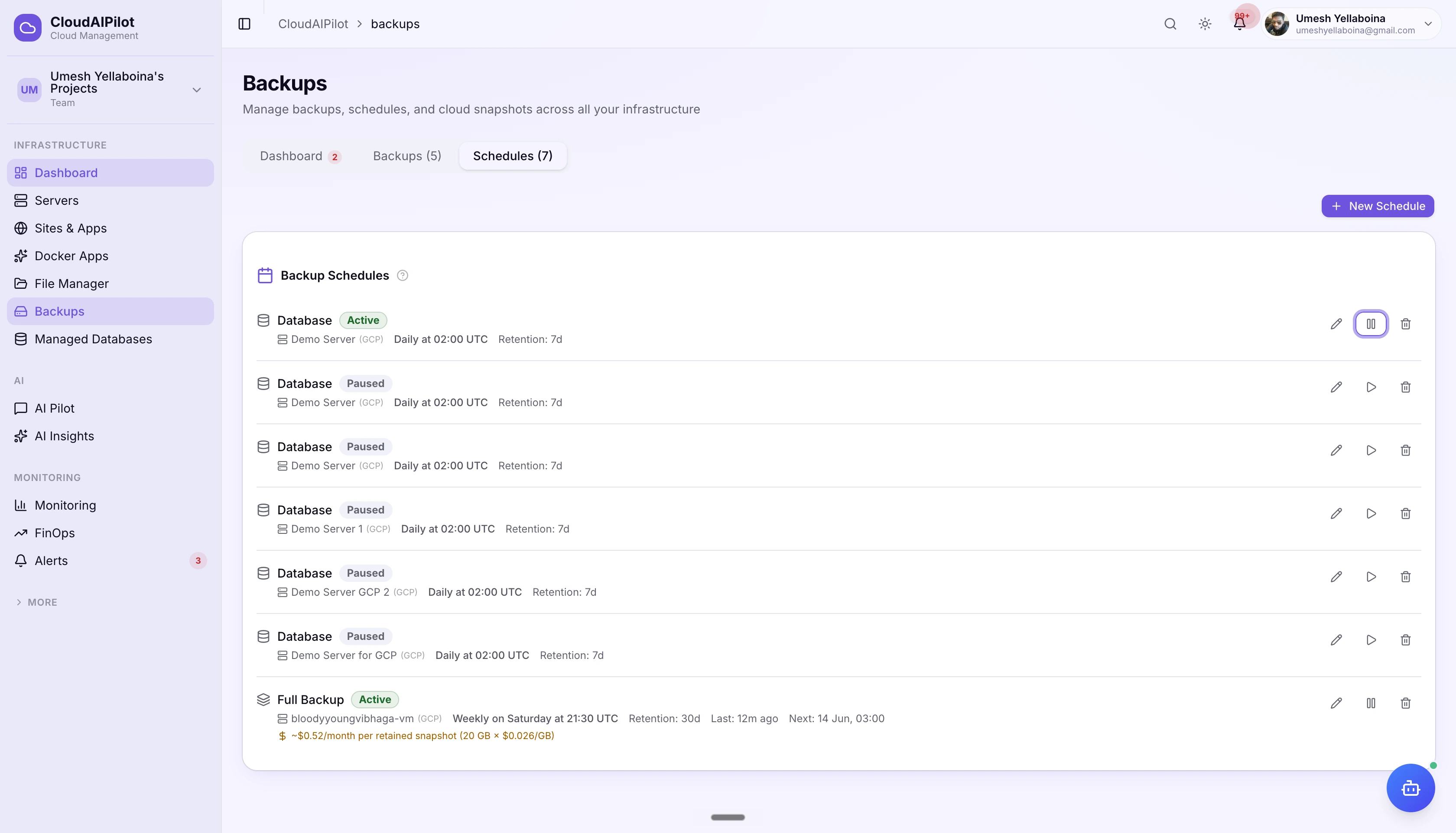 CloudAIPilot backup schedules — list of active schedules with cron intervals and retention settings