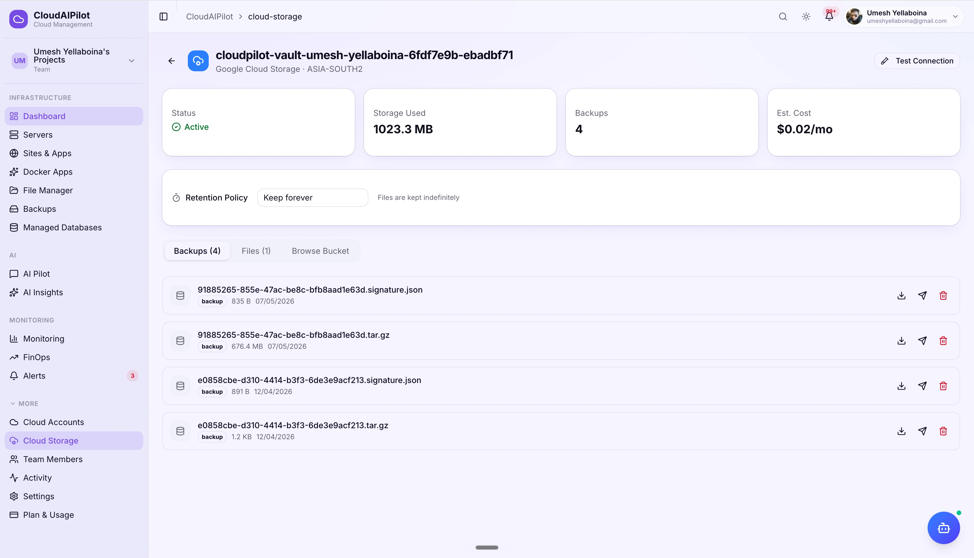 CloudAIPilot Cloud Storage vault — Backups tab showing backup rows with restore and delete actions