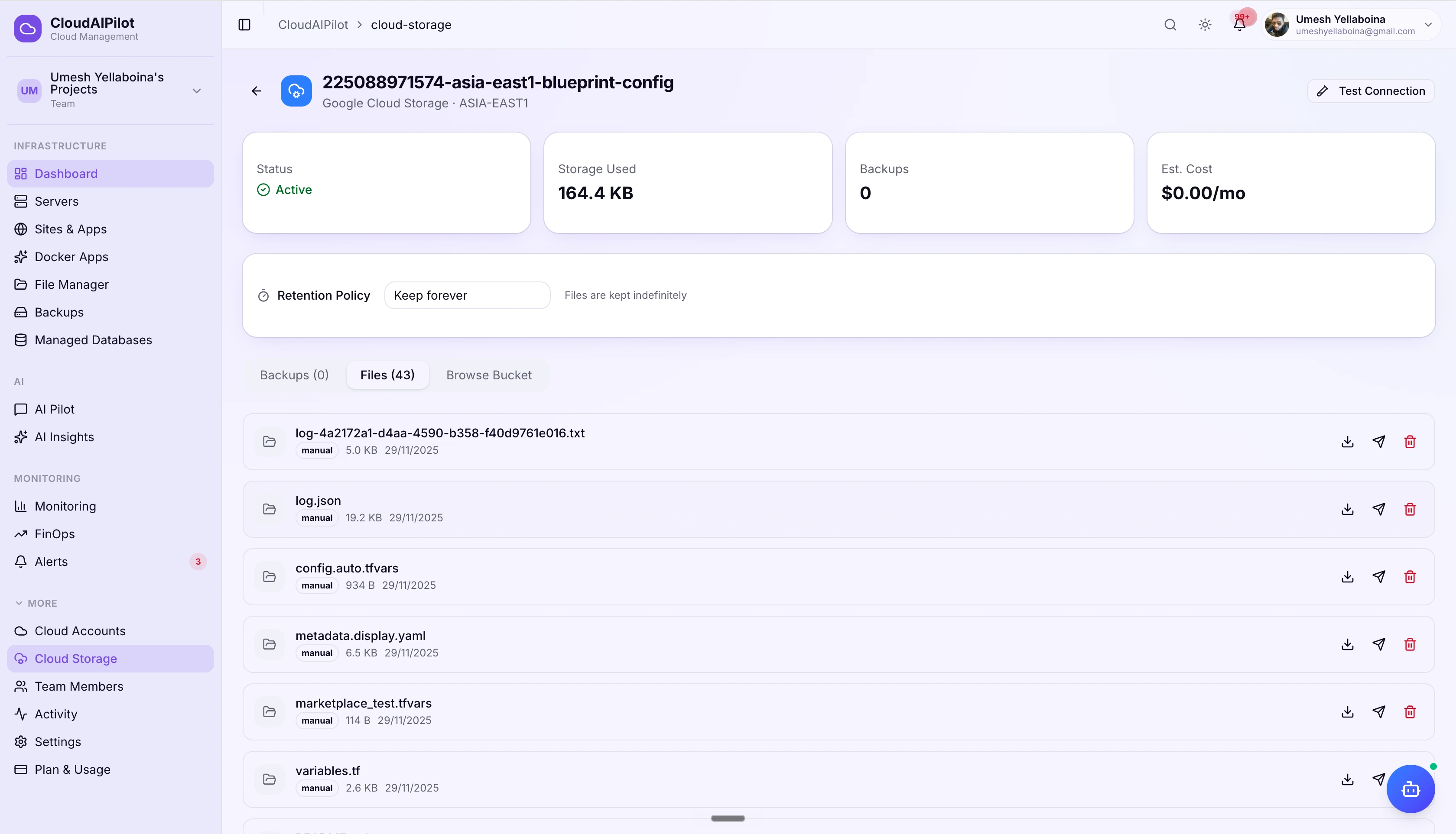 CloudAIPilot Cloud Storage — Files tab showing uploaded files with type badges and download/transfer actions