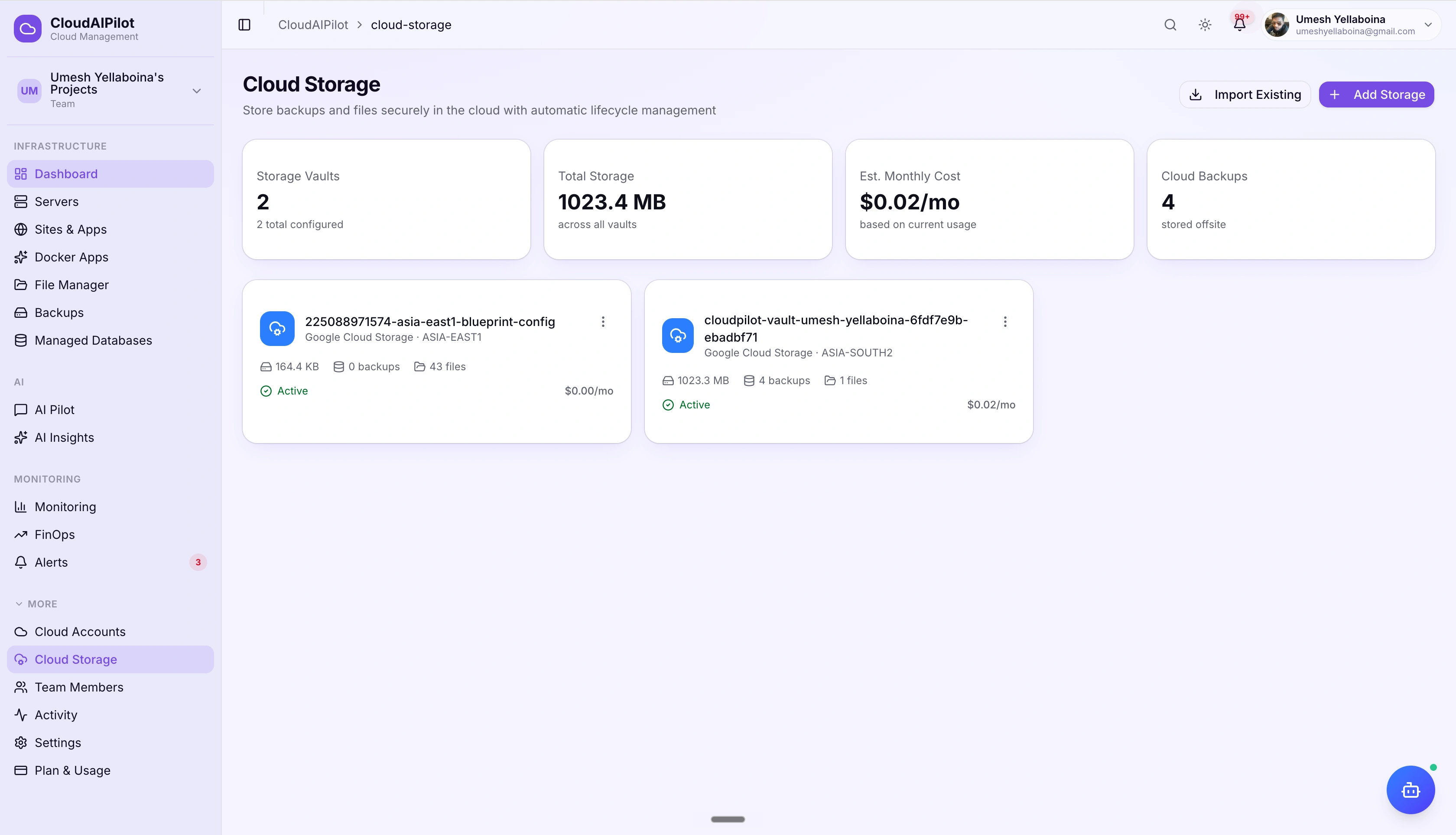 CloudAIPilot cloud storage — bucket list across AWS S3, GCS, Azure Blob and DigitalOcean Spaces