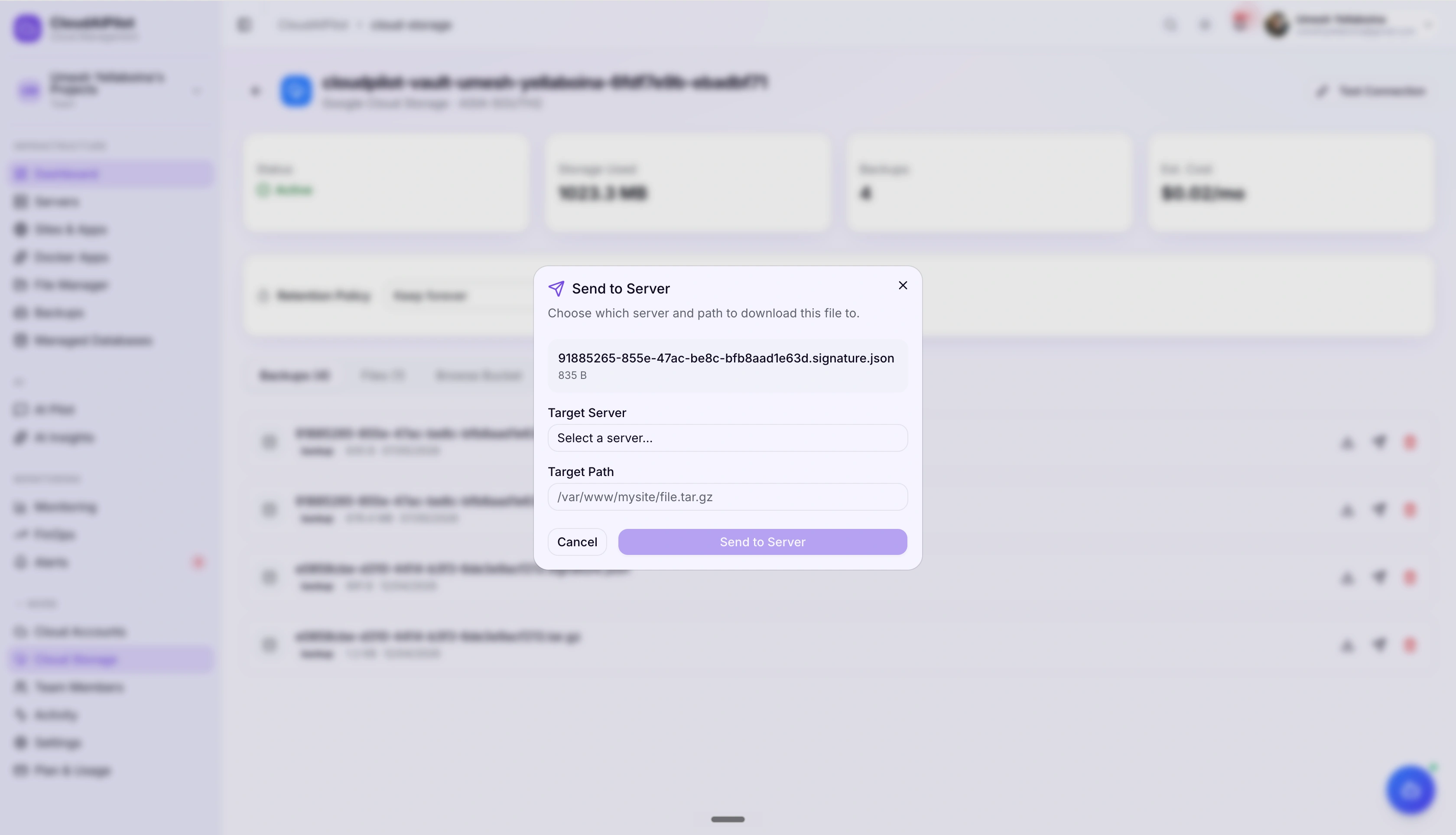 CloudAIPilot Cloud Storage — restore dialog with backup selected and server picker for restore target