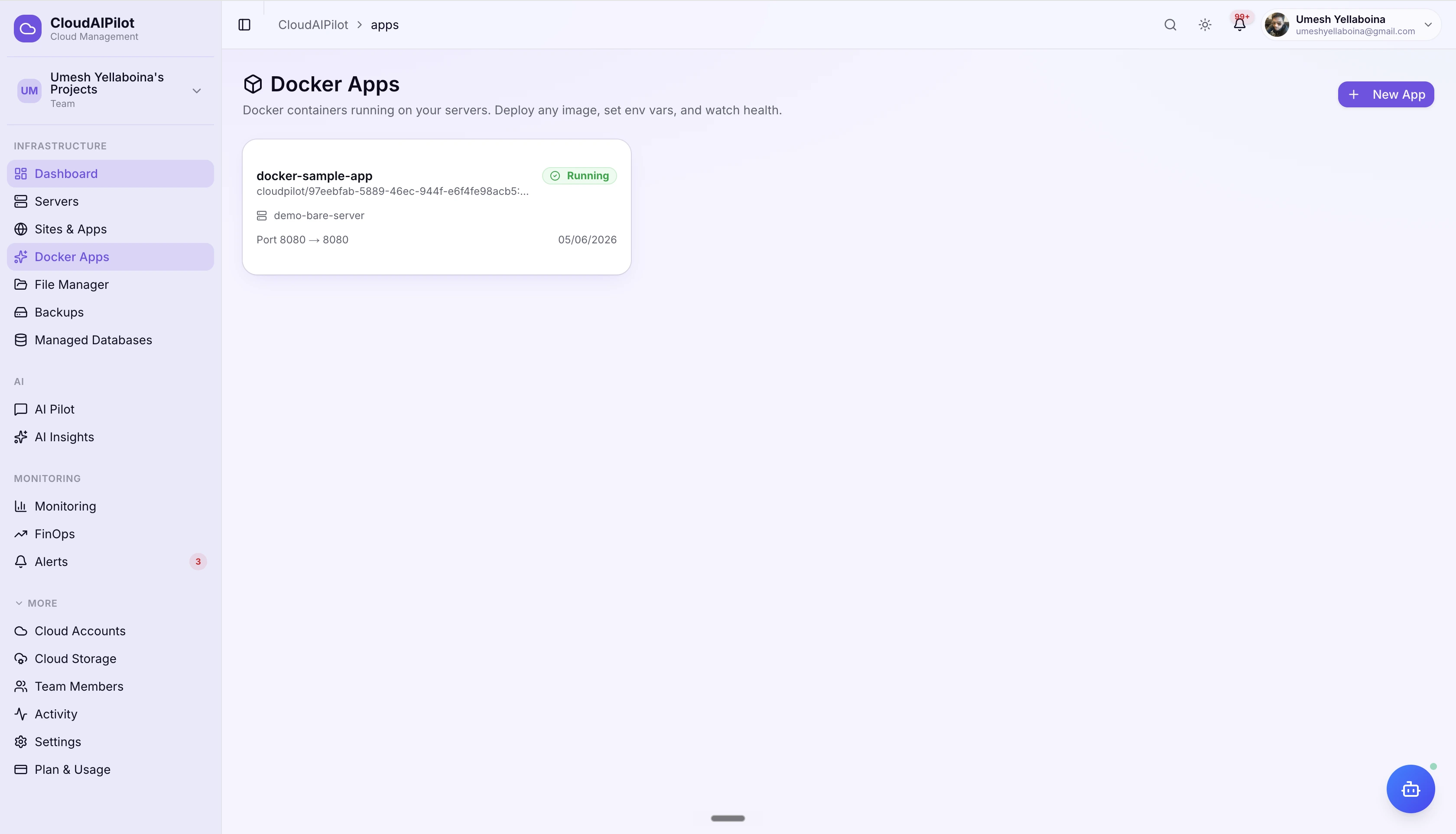 CloudAIPilot Docker apps list — running containers with port, image, status, and resource usage