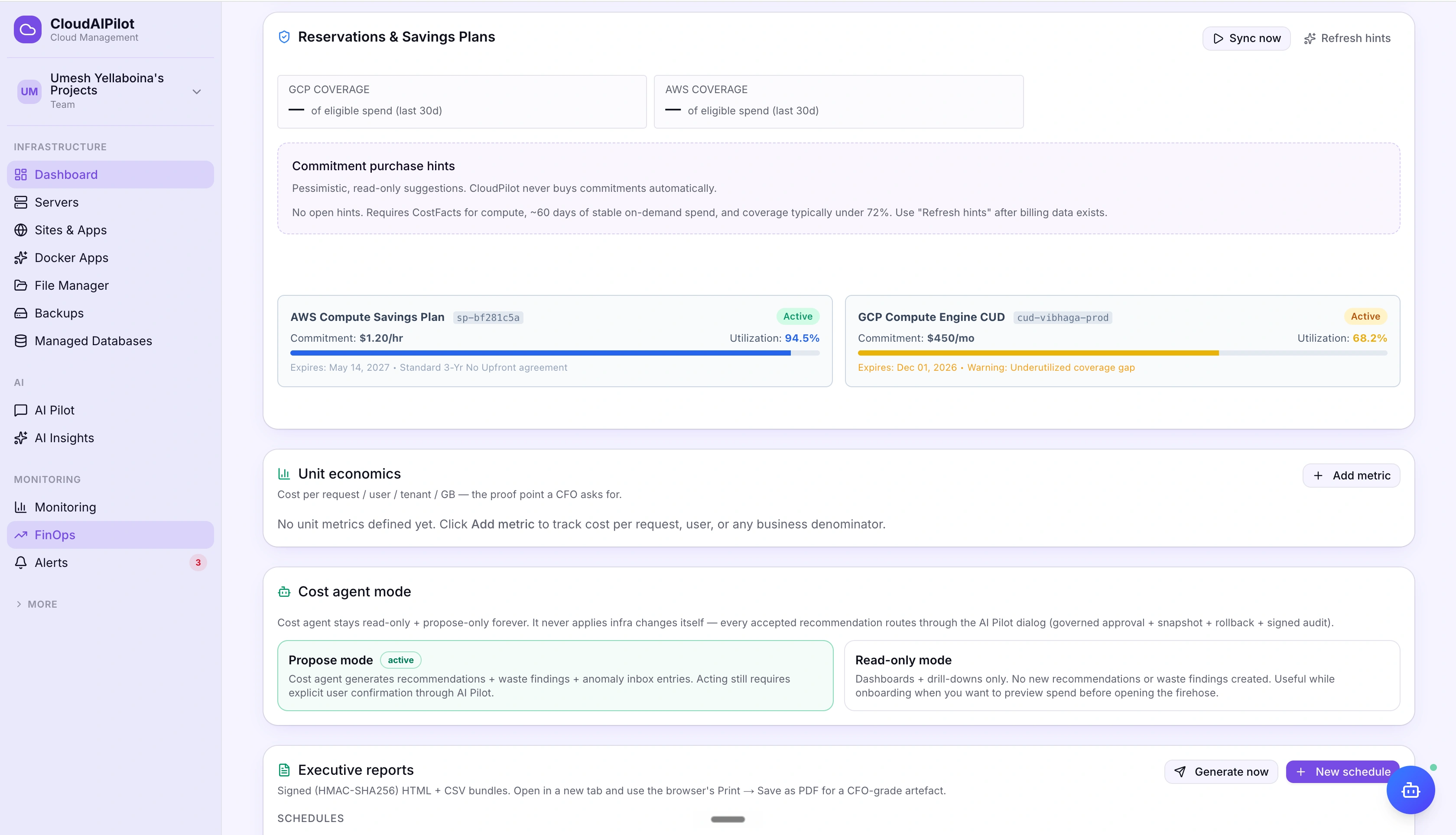 CloudAIPilot commitments and reservations card showing reserved instances, savings plans, and CUDs with utilisation percentages and coverage bars
