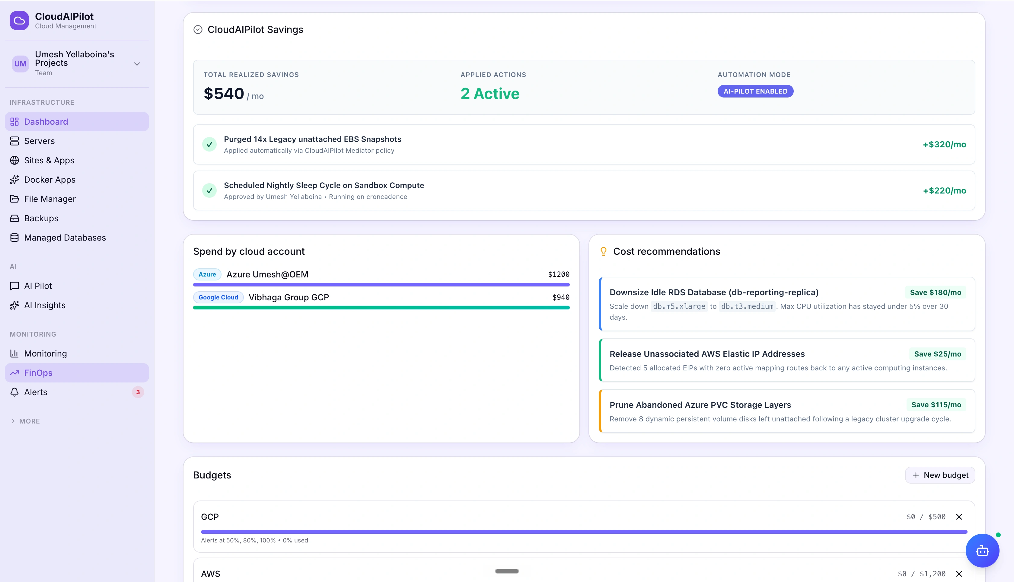 CloudAIPilot cost recommendations panel showing multiple AI-generated savings opportunities with rationale, estimated monthly savings, and approve buttons