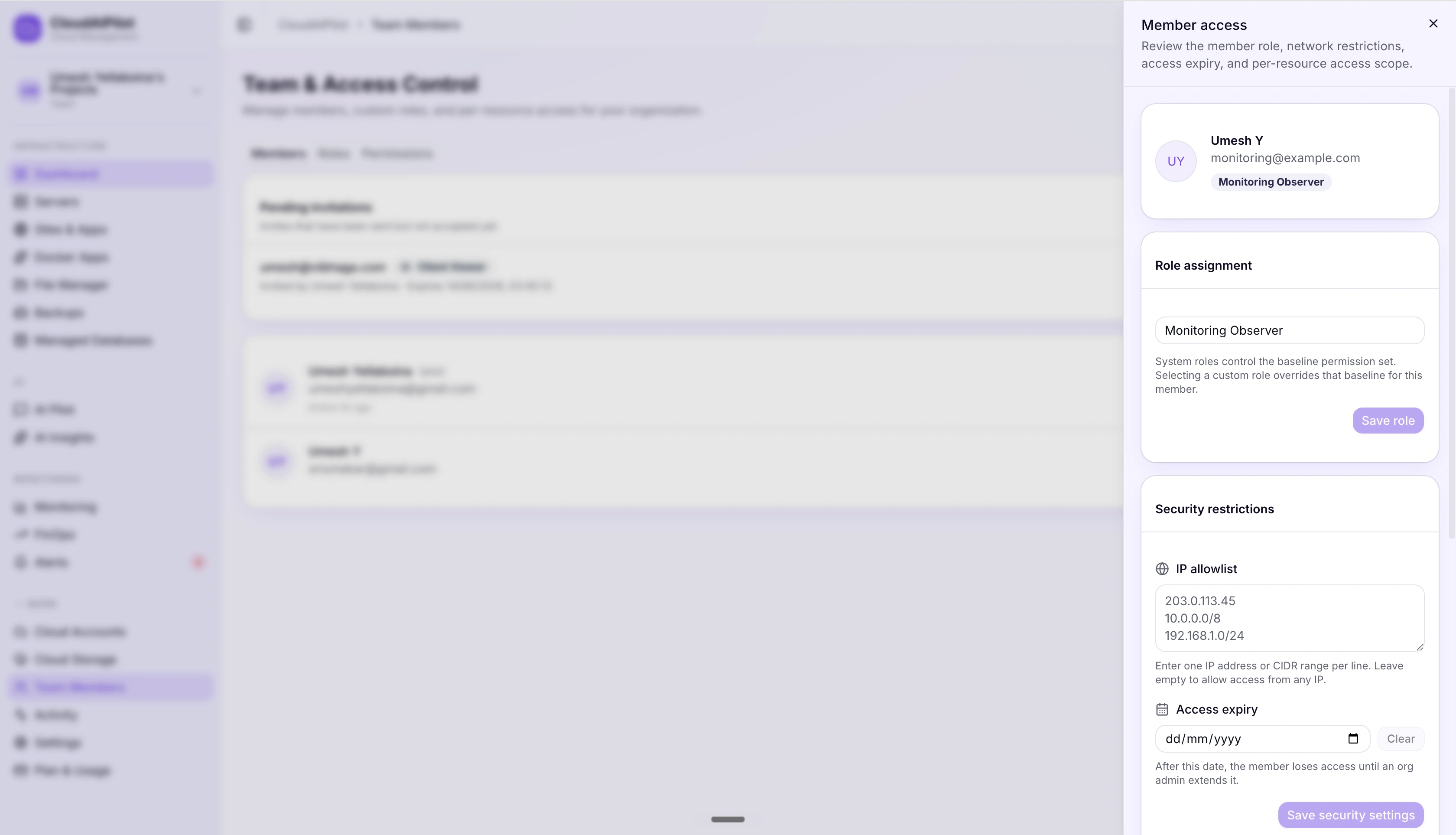 CloudAIPilot member detail panel with role selector, IP allowlist, and access expiry date picker
