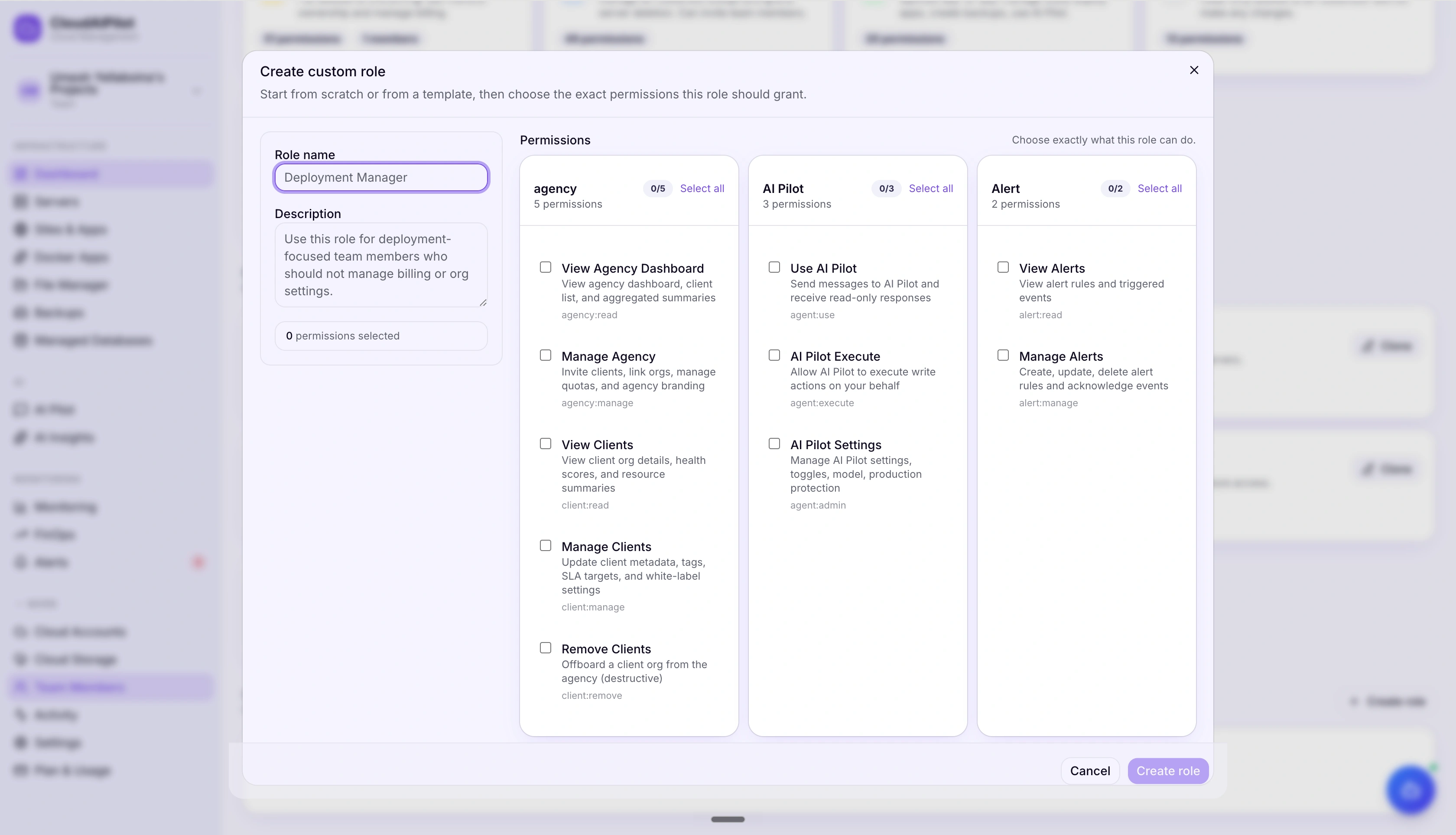 CloudAIPilot custom role builder with permission category checkboxes across Server, Site, App, and Backup categories