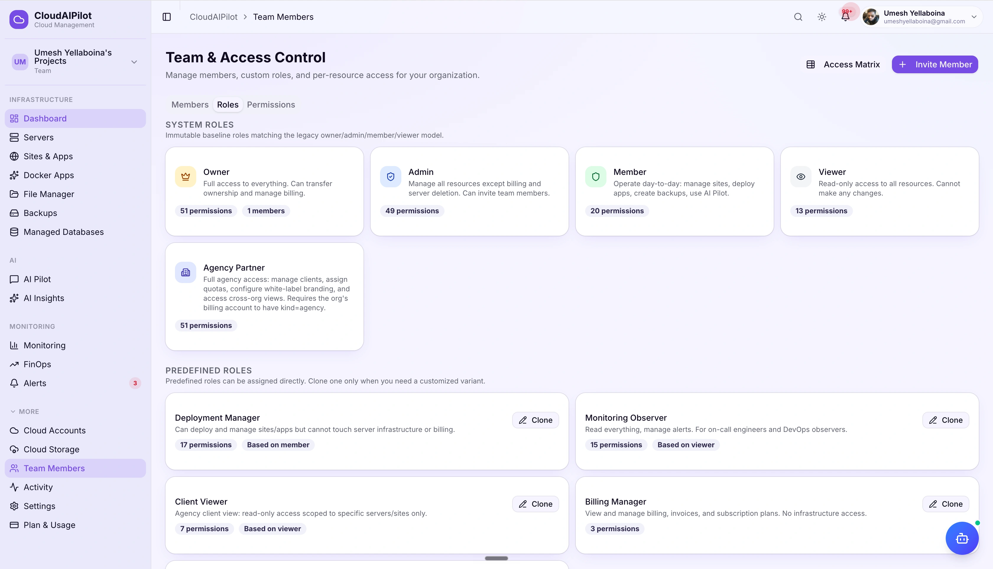 CloudAIPilot roles tab — system role cards with permission counts and custom role templates