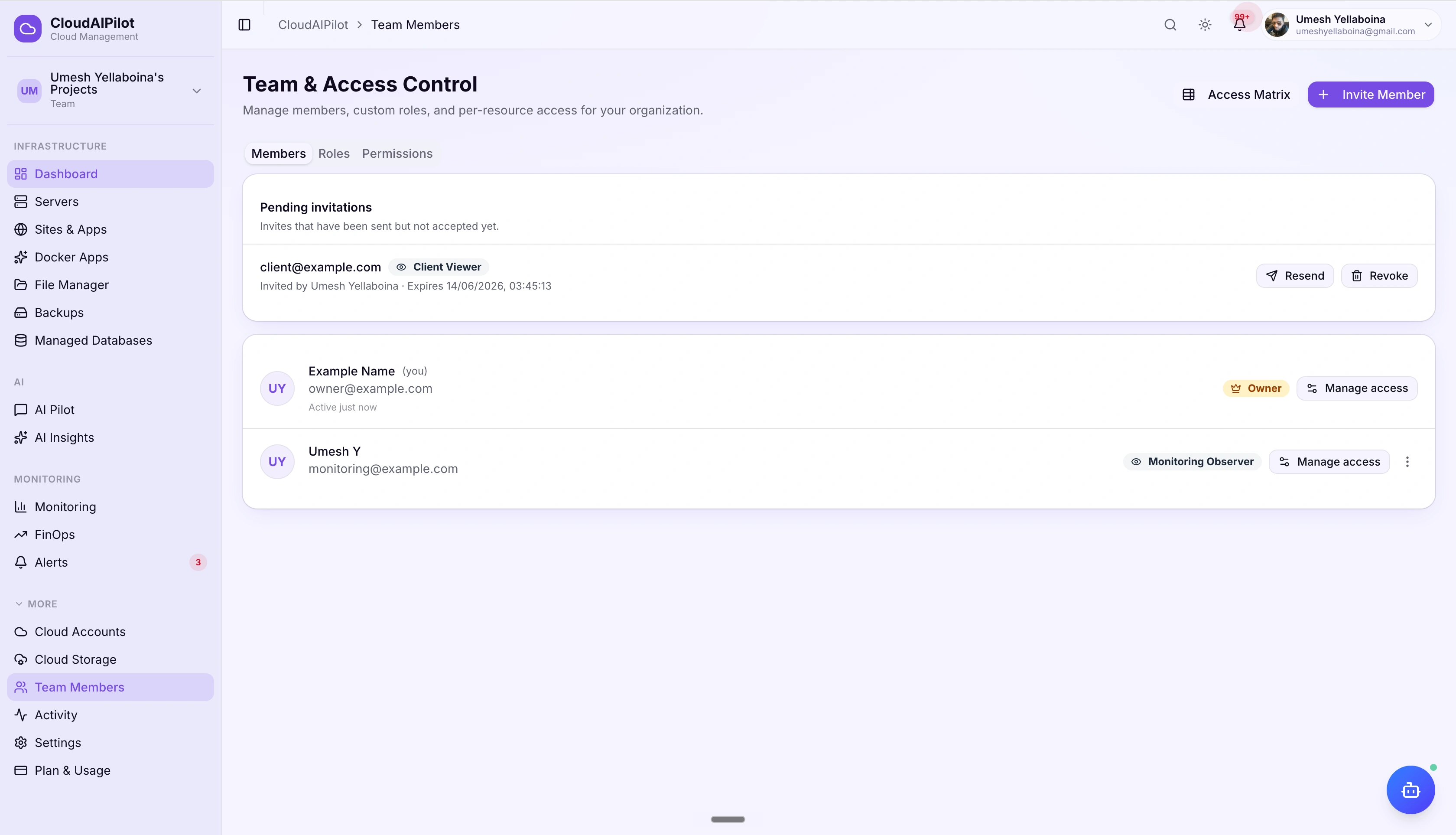 CloudAIPilot RBAC team overview — member list with role badges, last active times, and invite controls