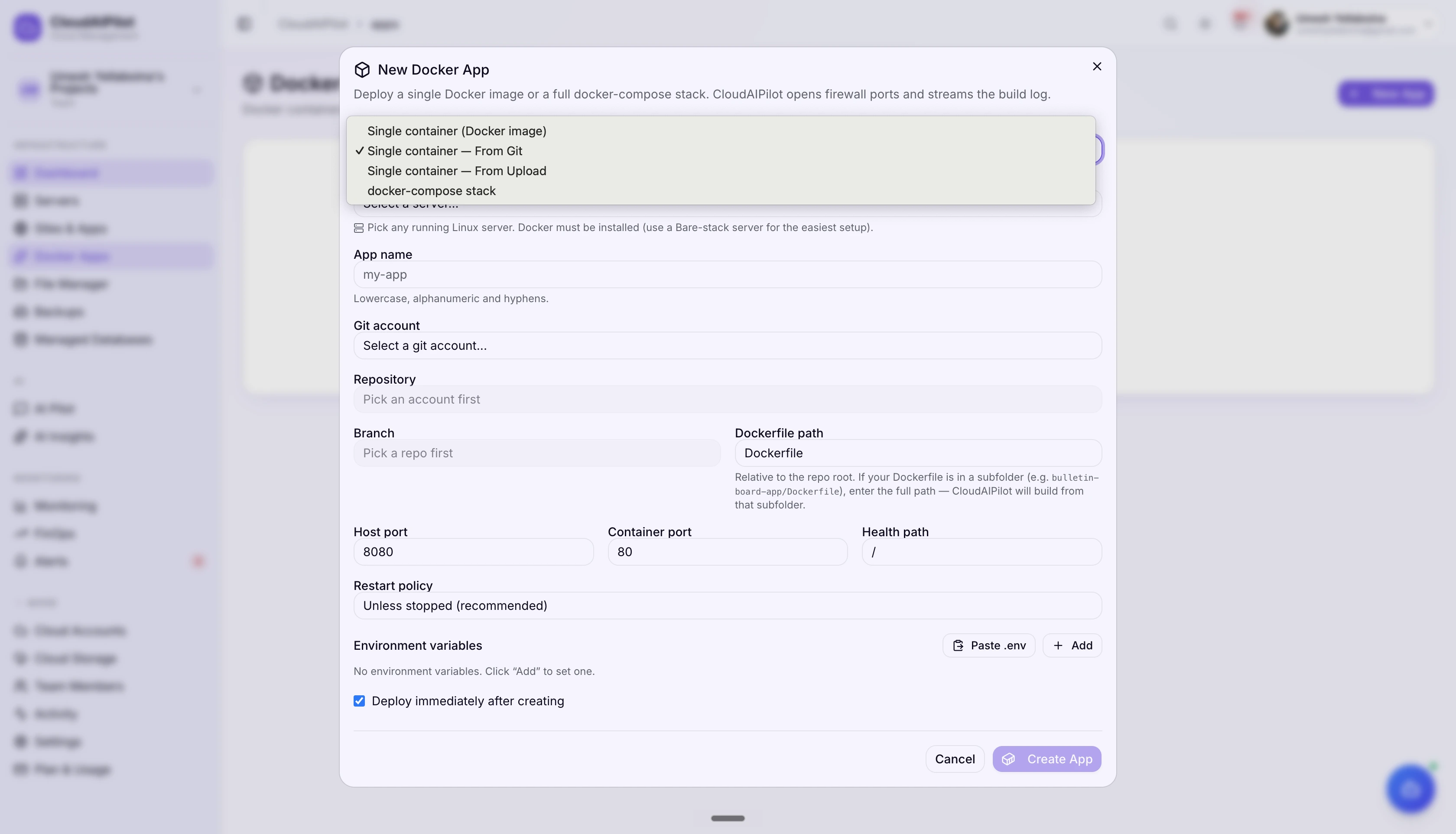 Docker application deployment in CloudAIPilot