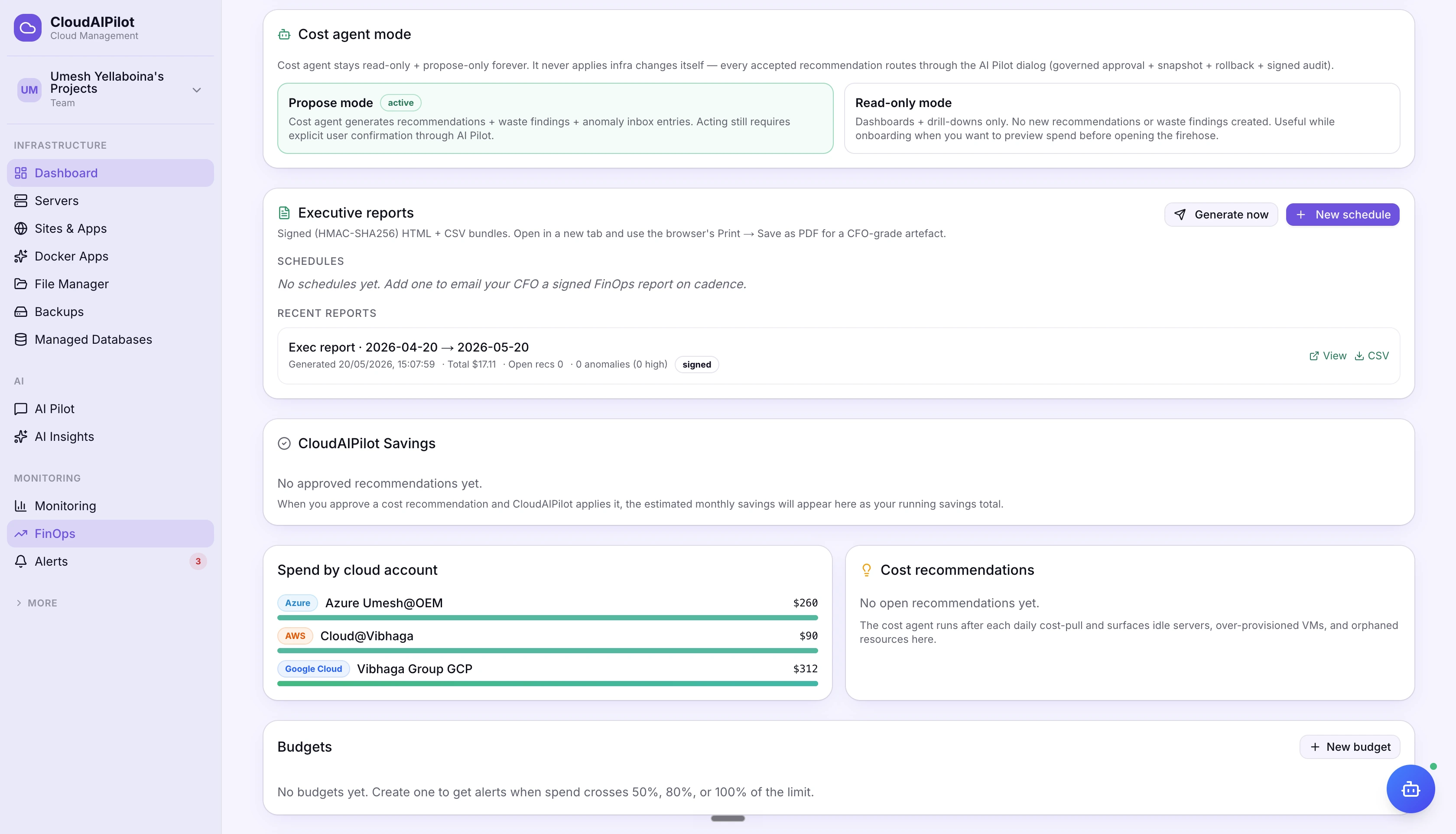 FinOps cloud cost dashboard and budget tracking in CloudAIPilot