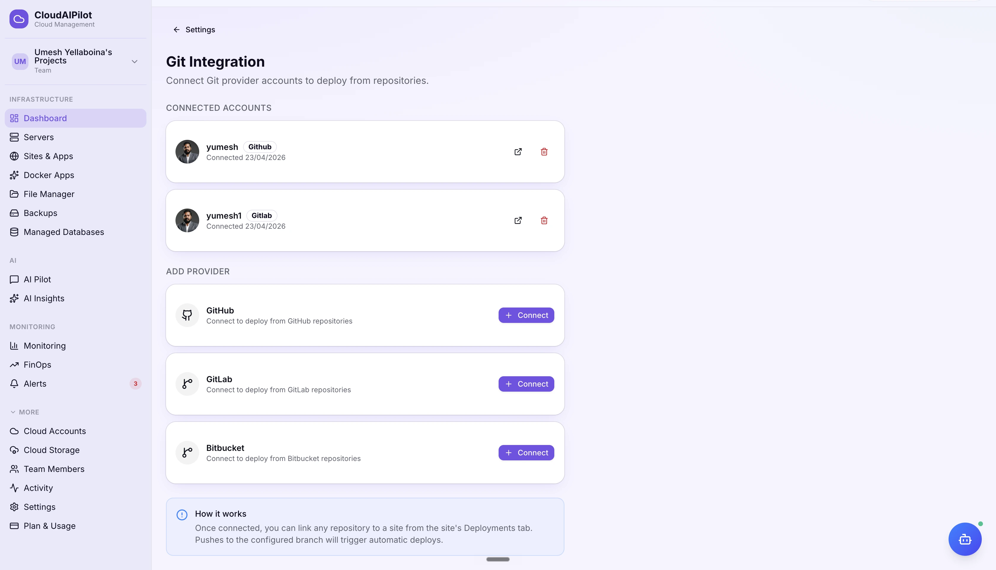 Git repository connection and auto-deploy settings in CloudAIPilot