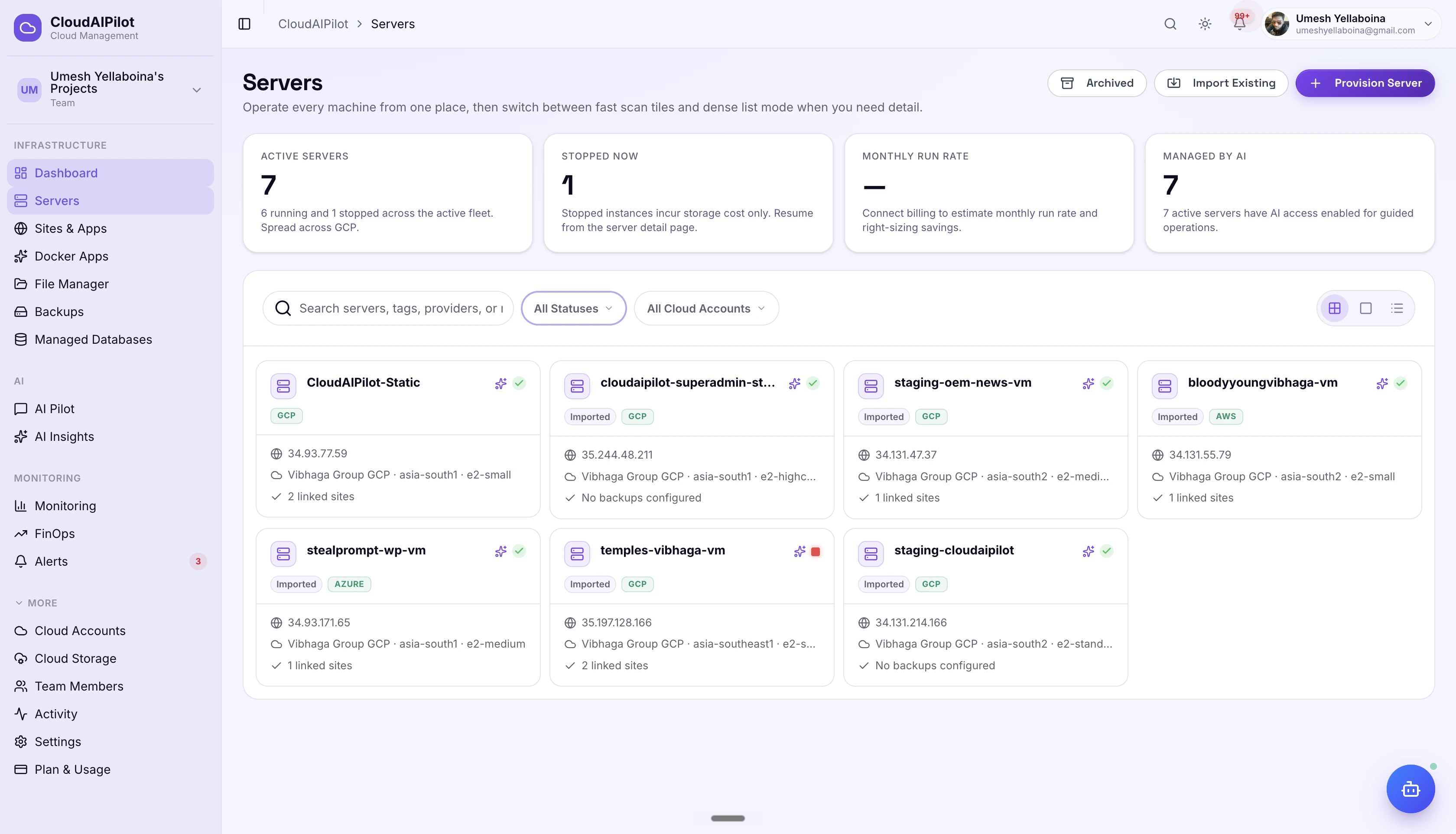 Multi-cloud server list showing AWS, GCP, Azure, and DigitalOcean in CloudAIPilot
