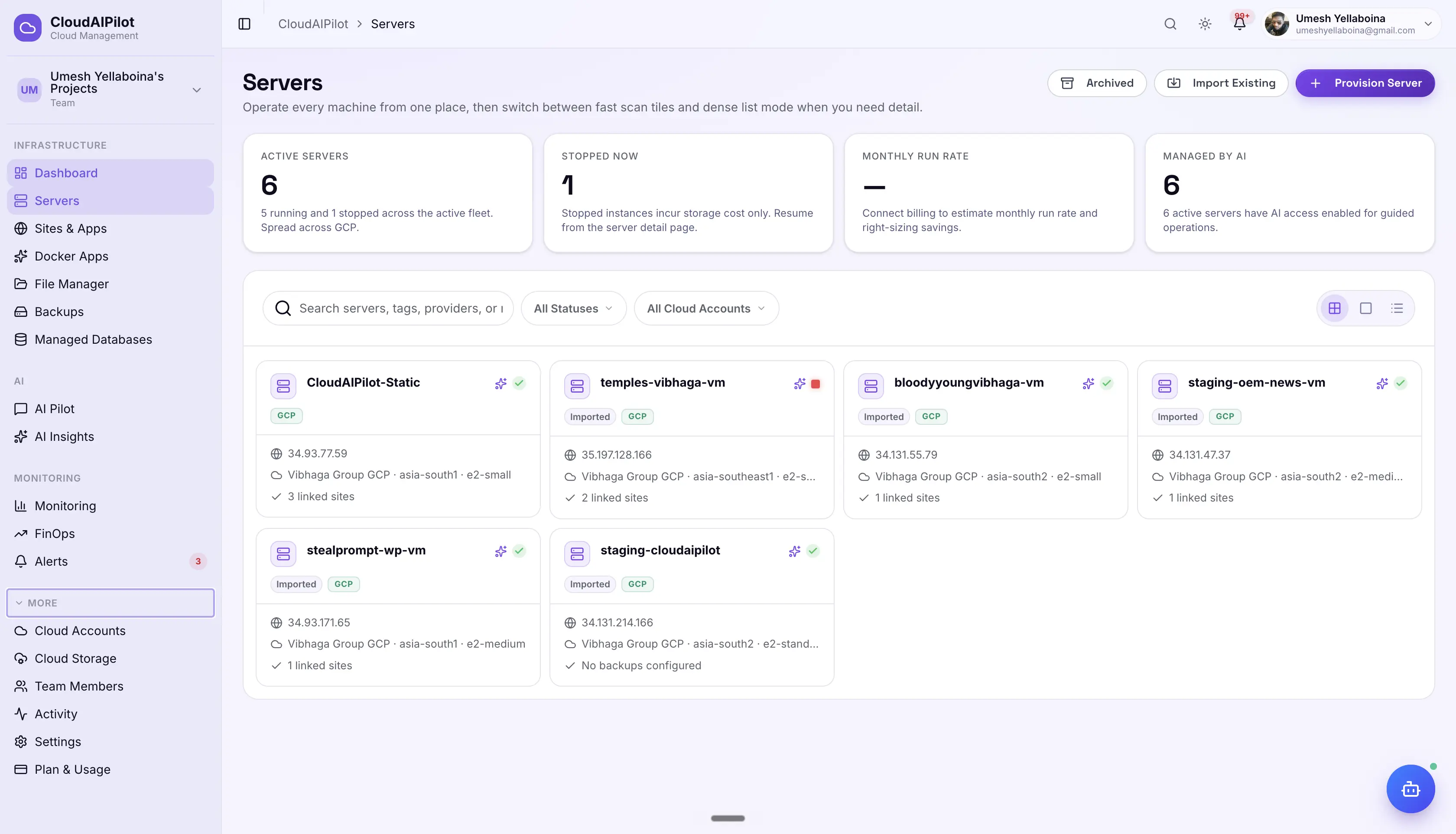 CloudAIPilot server list — multi-cloud servers with status, OS, region and resource metrics