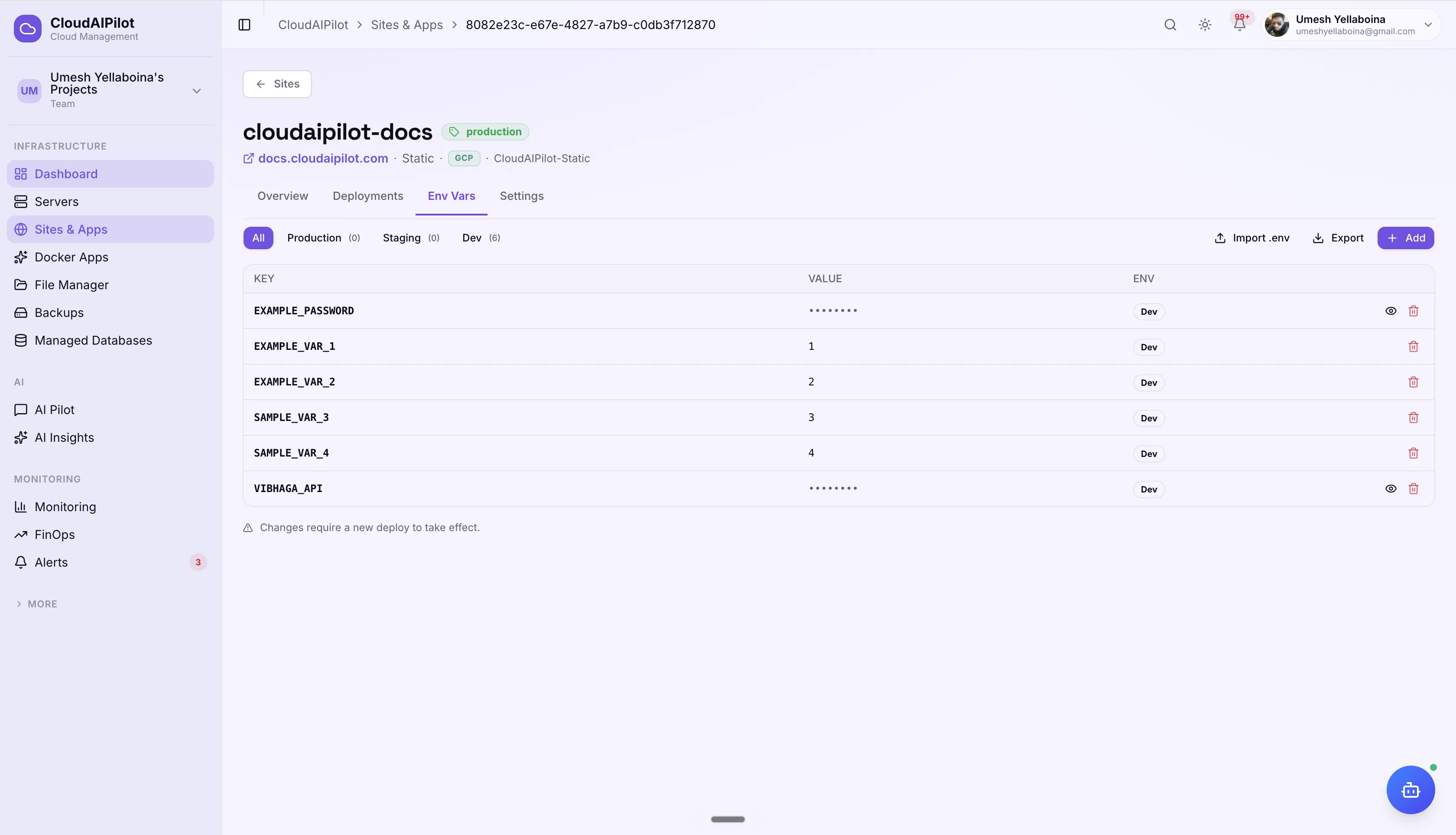 CloudAIPilot Sites — Env Vars tab with Production/Staging/Dev tabs and secret-masked variables