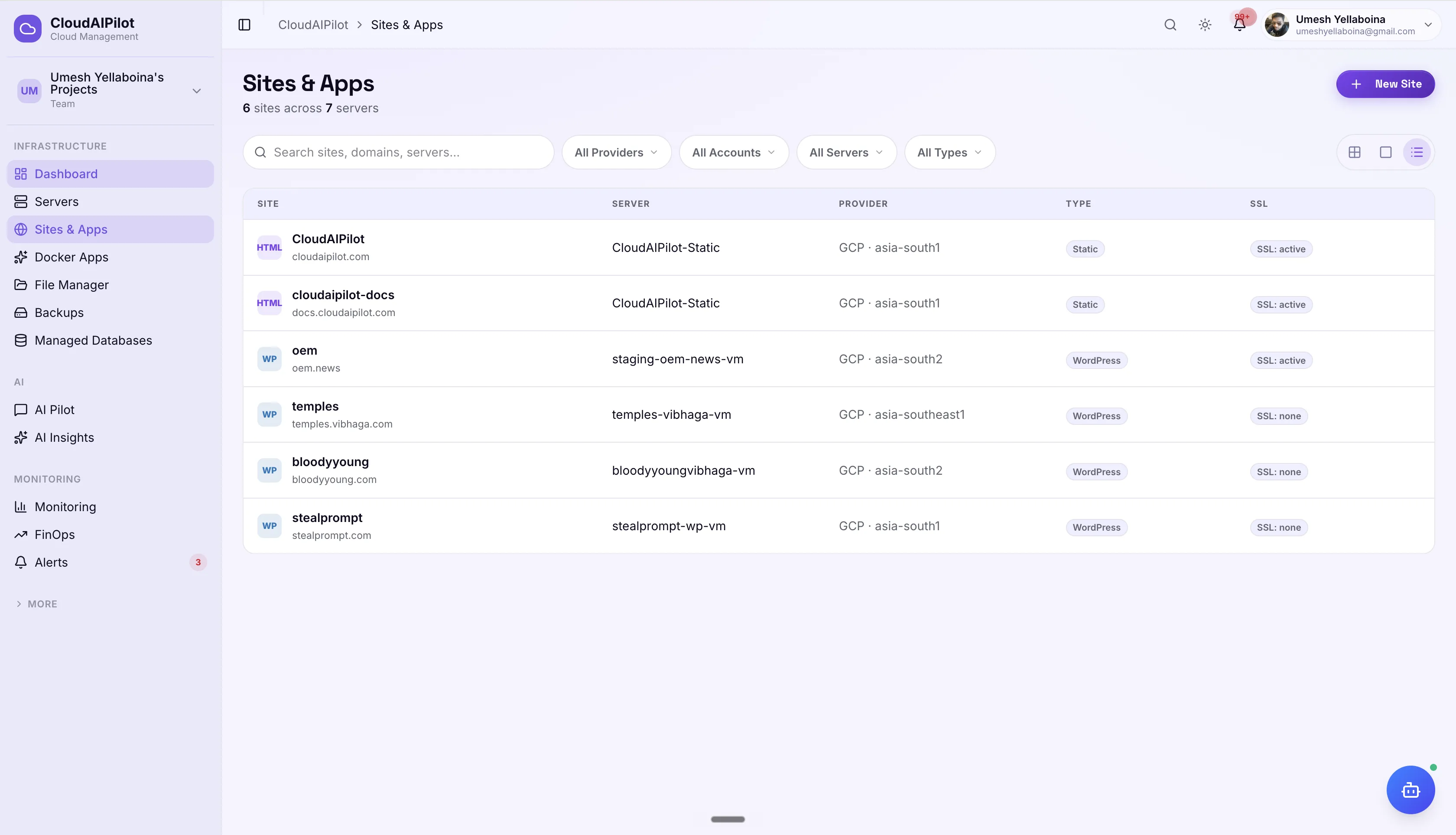 CloudAIPilot sites list — deployed sites with domain, SSL status, stack type, and last deploy time