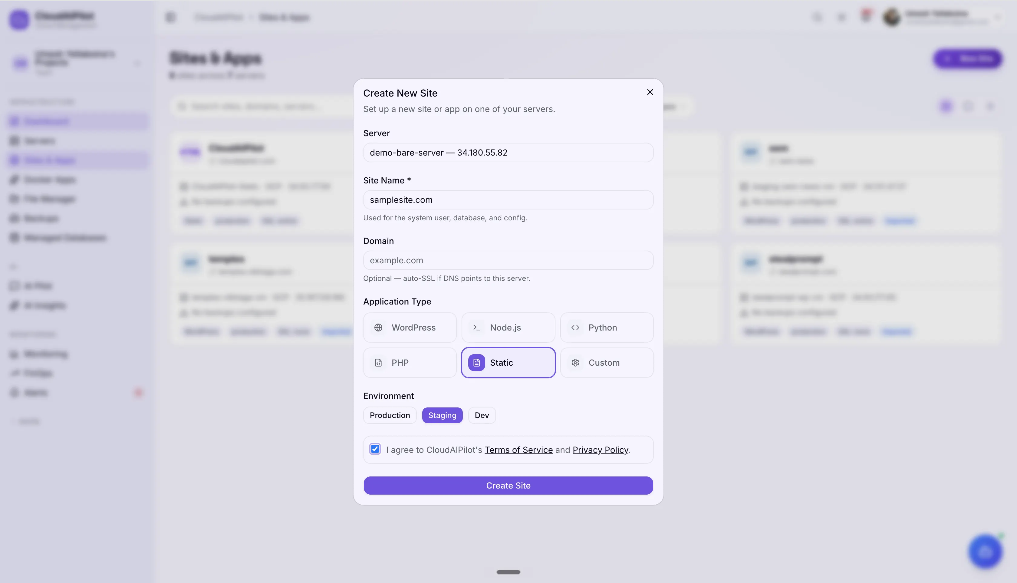 CloudAIPilot Sites — plan review page showing the automated provisioning step list for a new site