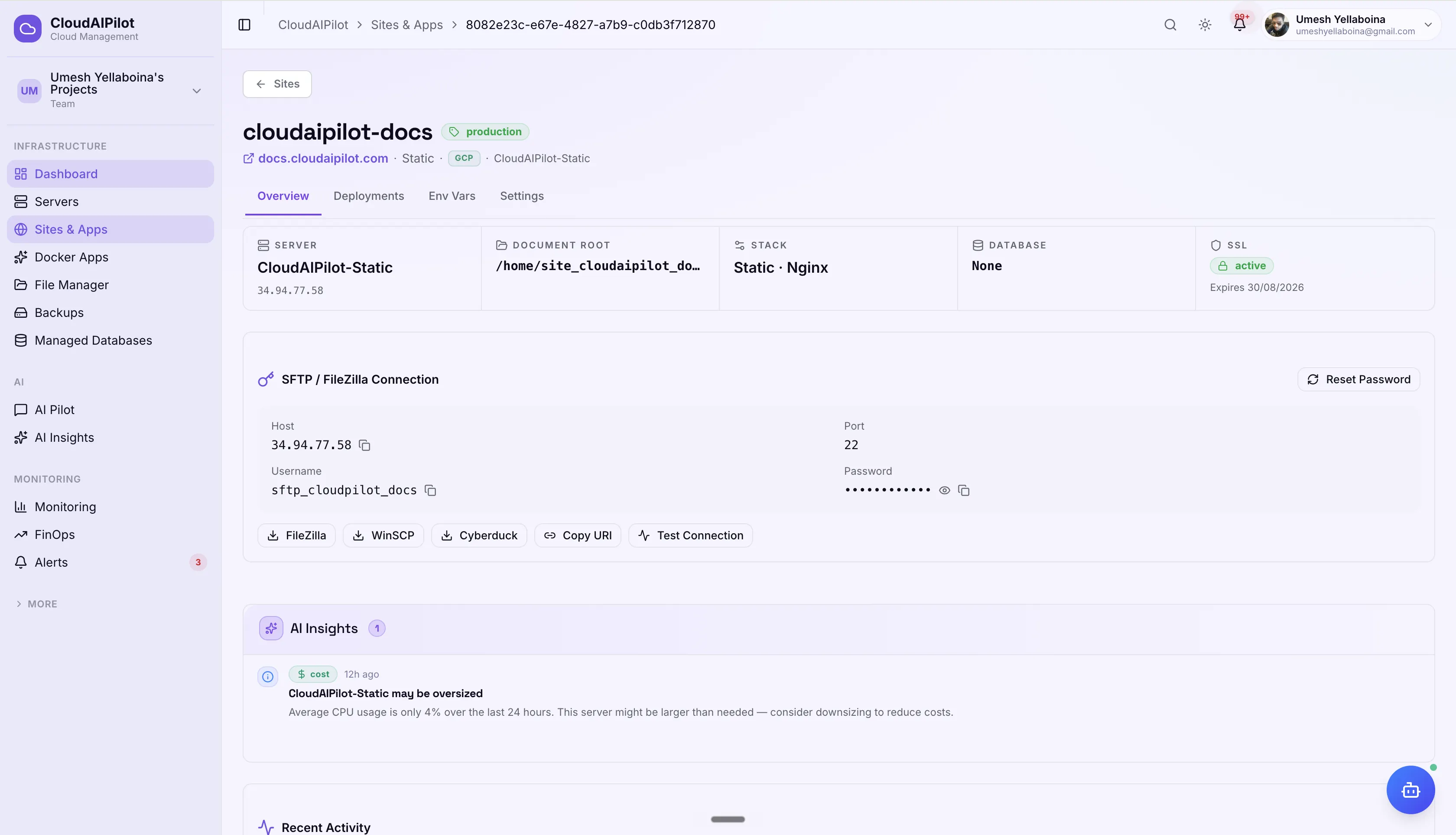 CloudAIPilot Sites — Overview tab showing SFTP credentials and SSL certificate with active status